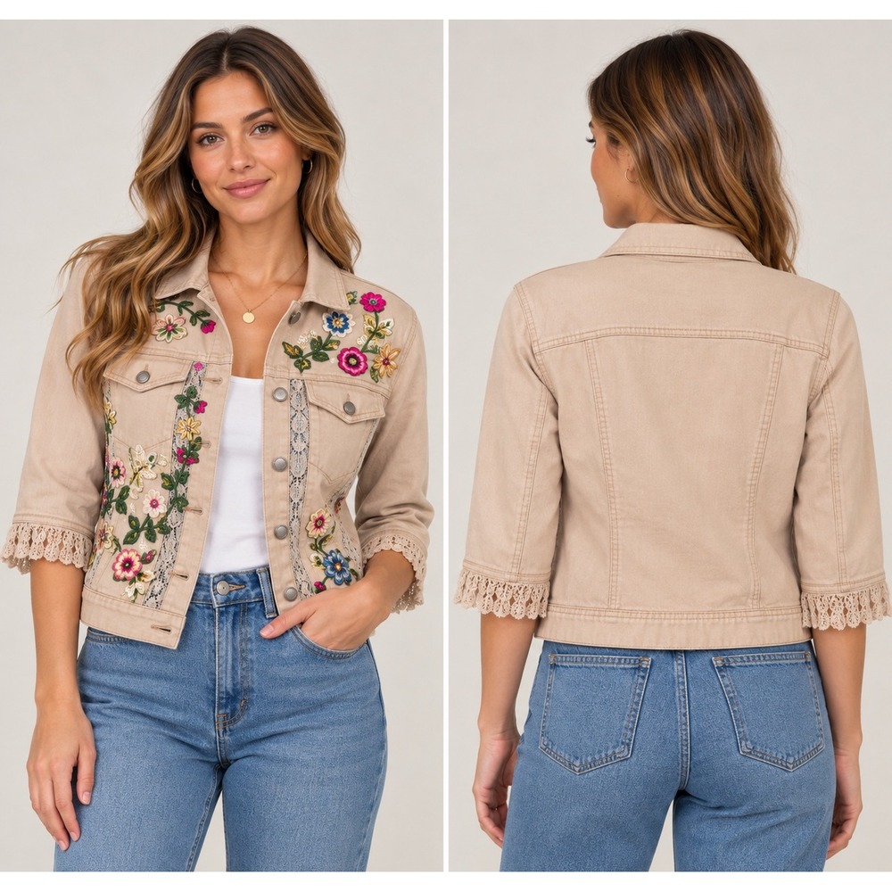 Boston Proper Jacket Cotton Jean Jacket Pink Floral Lace Embroidered Womens Med